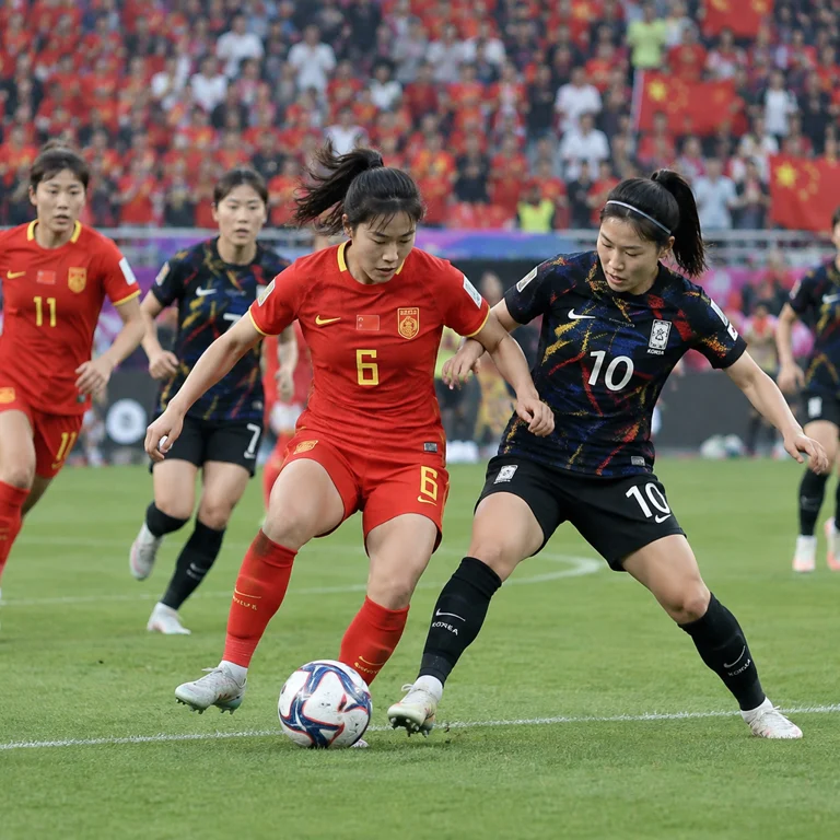 中国女足与韩国女足球员在比赛中争夺球权