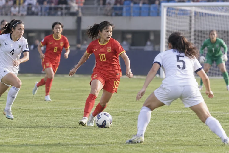 U20女足开场阶段在前场组织进攻，球员积极争抢位置